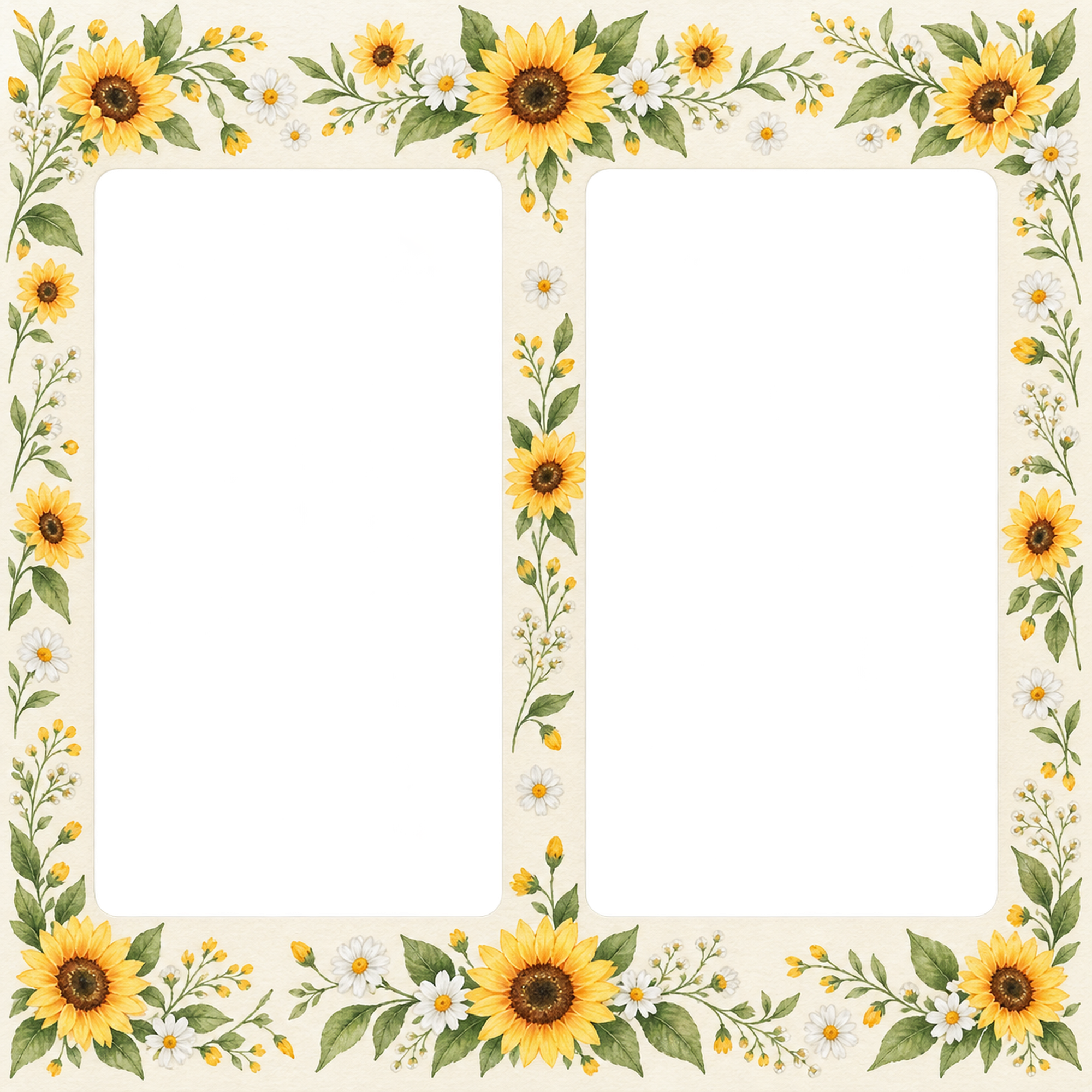 ひまわりの写真フレーム｜ひまわりと夏の草花・左右に写真2枚の無料イラスト素材 101778に写真・文字を入れる