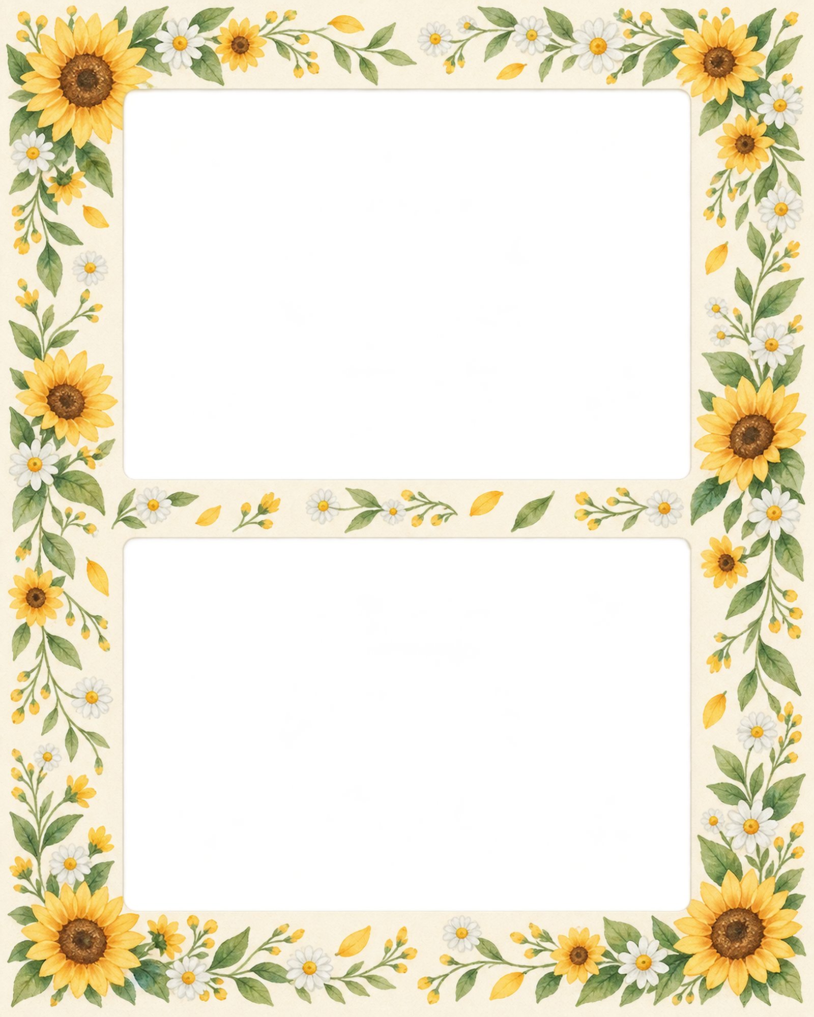 ひまわりの写真フレーム｜ひまわりと夏の草花・上下に写真2枚の無料イラスト素材 101779に写真・文字を入れる