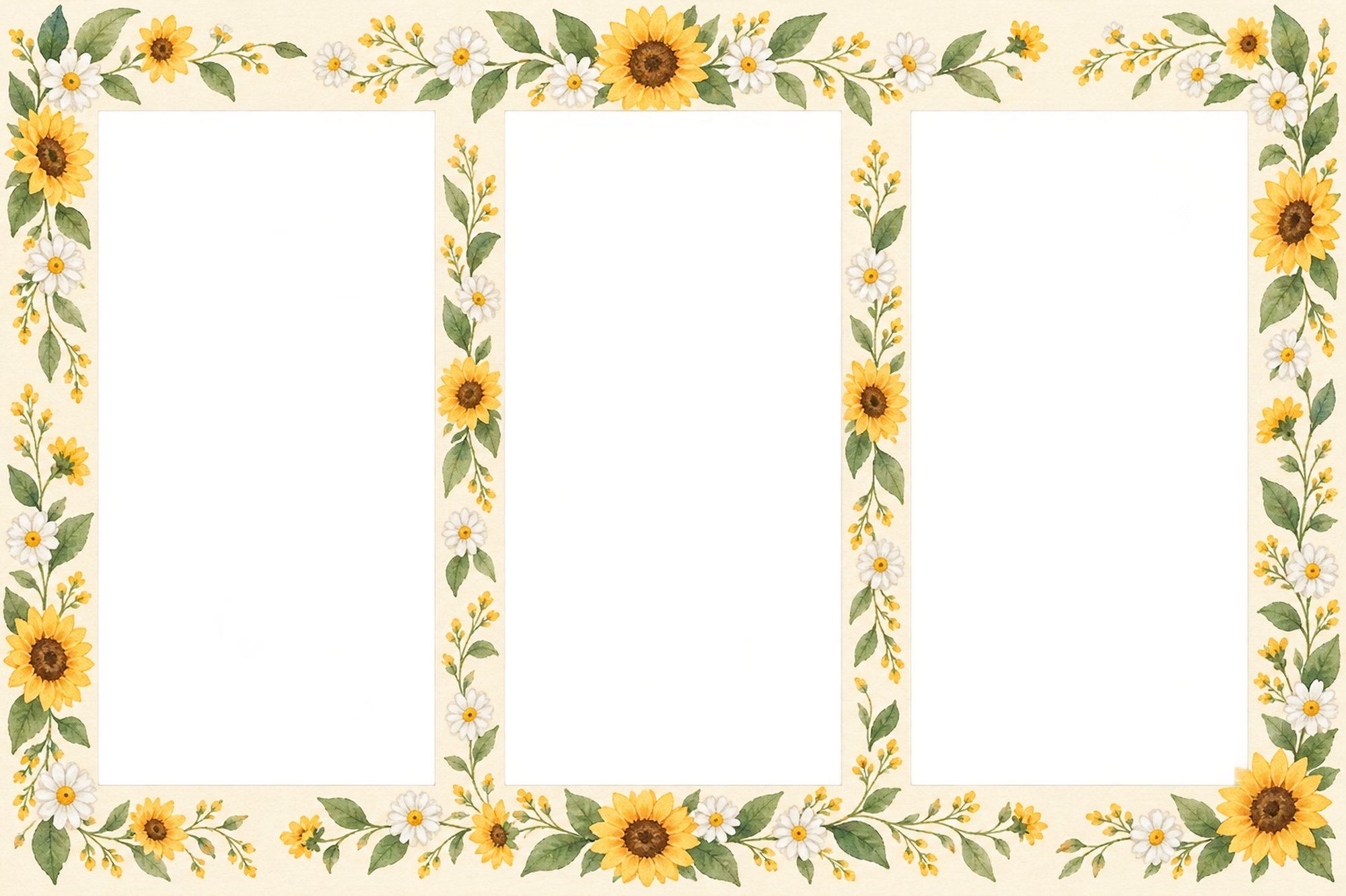 ひまわりの写真フレーム｜ひまわりと夏の草花・横並びの写真3枚の無料イラスト素材 101781に写真・文字を入れる