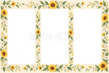 ひまわりの写真フレーム｜ひまわりと夏の草花・横並びの写真3枚の無料イラスト素材 101781