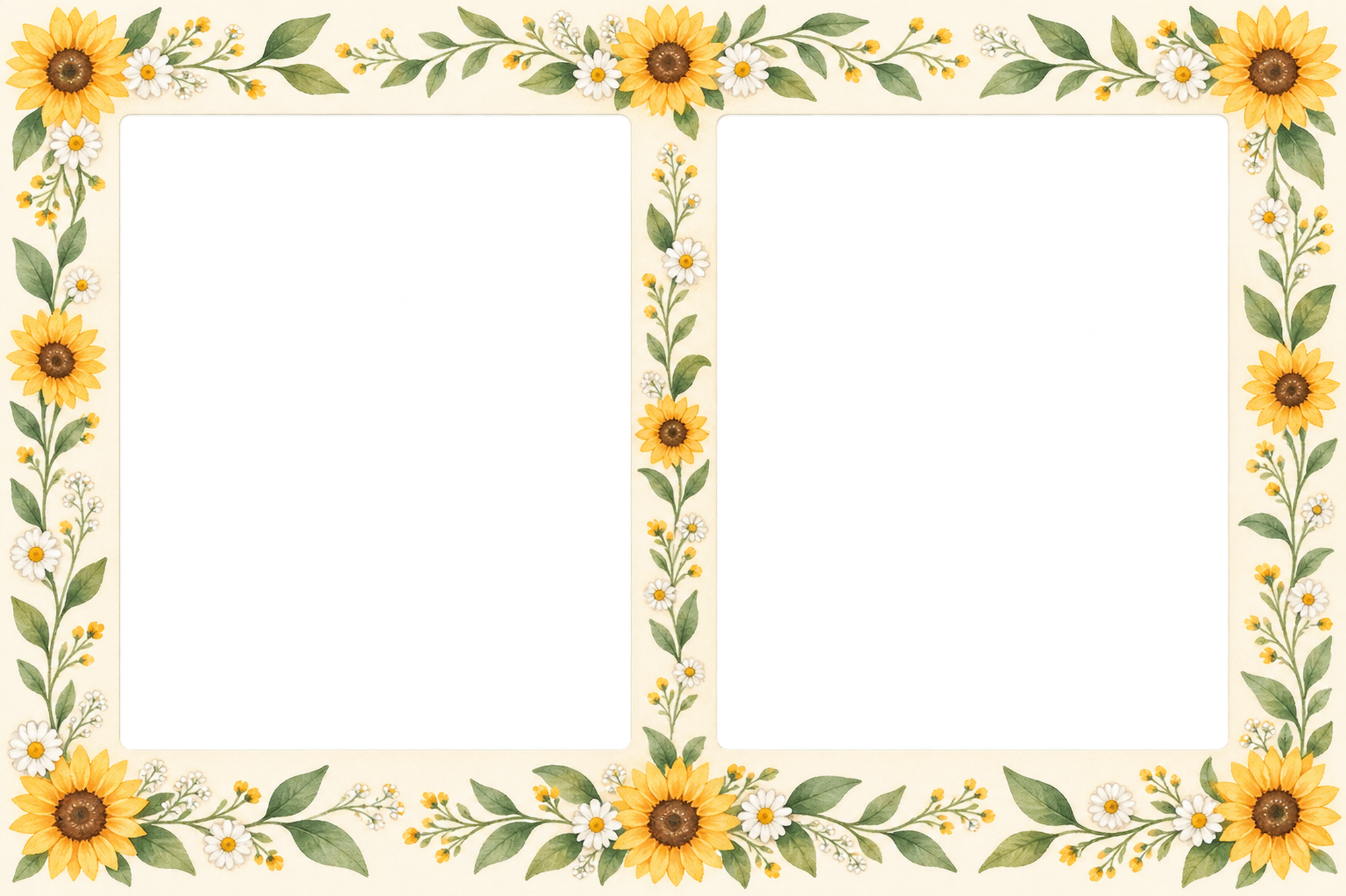ひまわりの写真フレーム｜ひまわりと夏の草花・横長の写真2枚の無料イラスト素材 101784に写真・文字を入れる