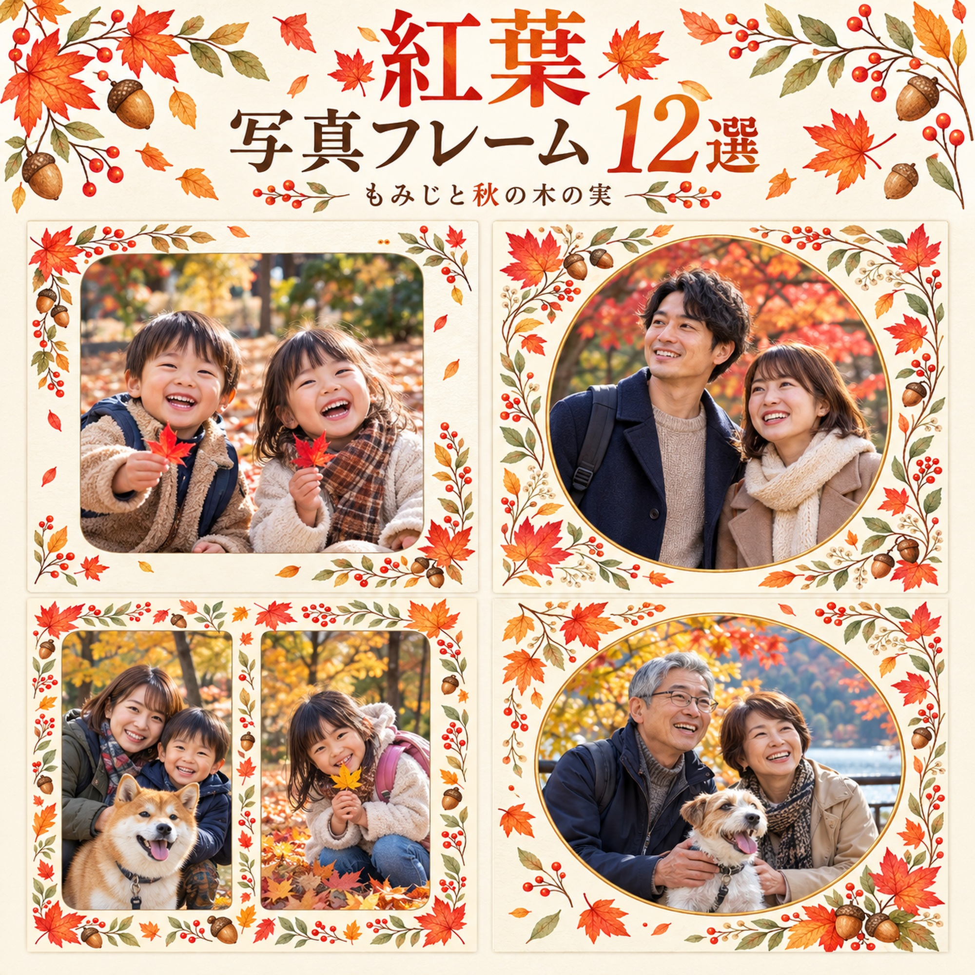 紅葉の写真フレーム12選｜もみじと秋の木の実の無料イラスト素材 101786に写真・文字を入れる
