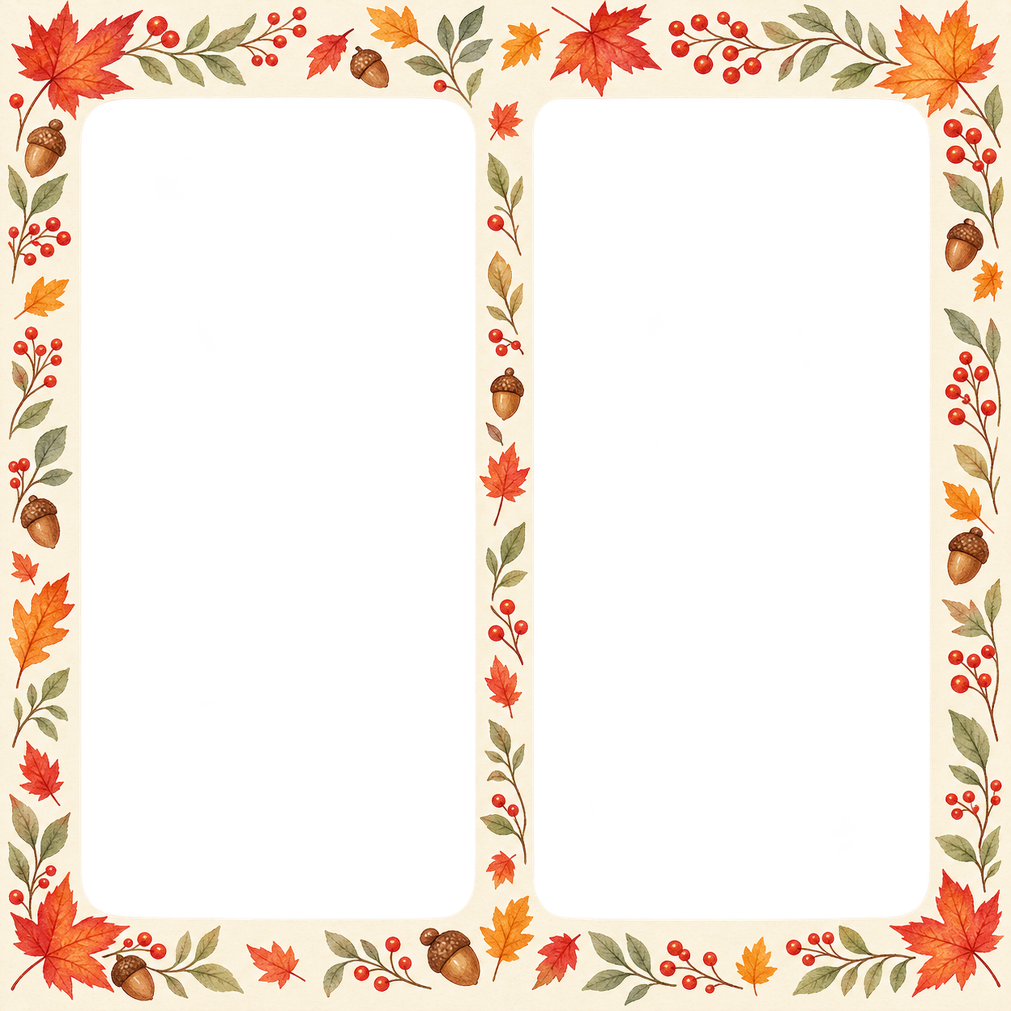 紅葉の写真フレーム｜もみじと秋の木の実・左右に写真2枚の無料イラスト素材 101791に写真・文字を入れる