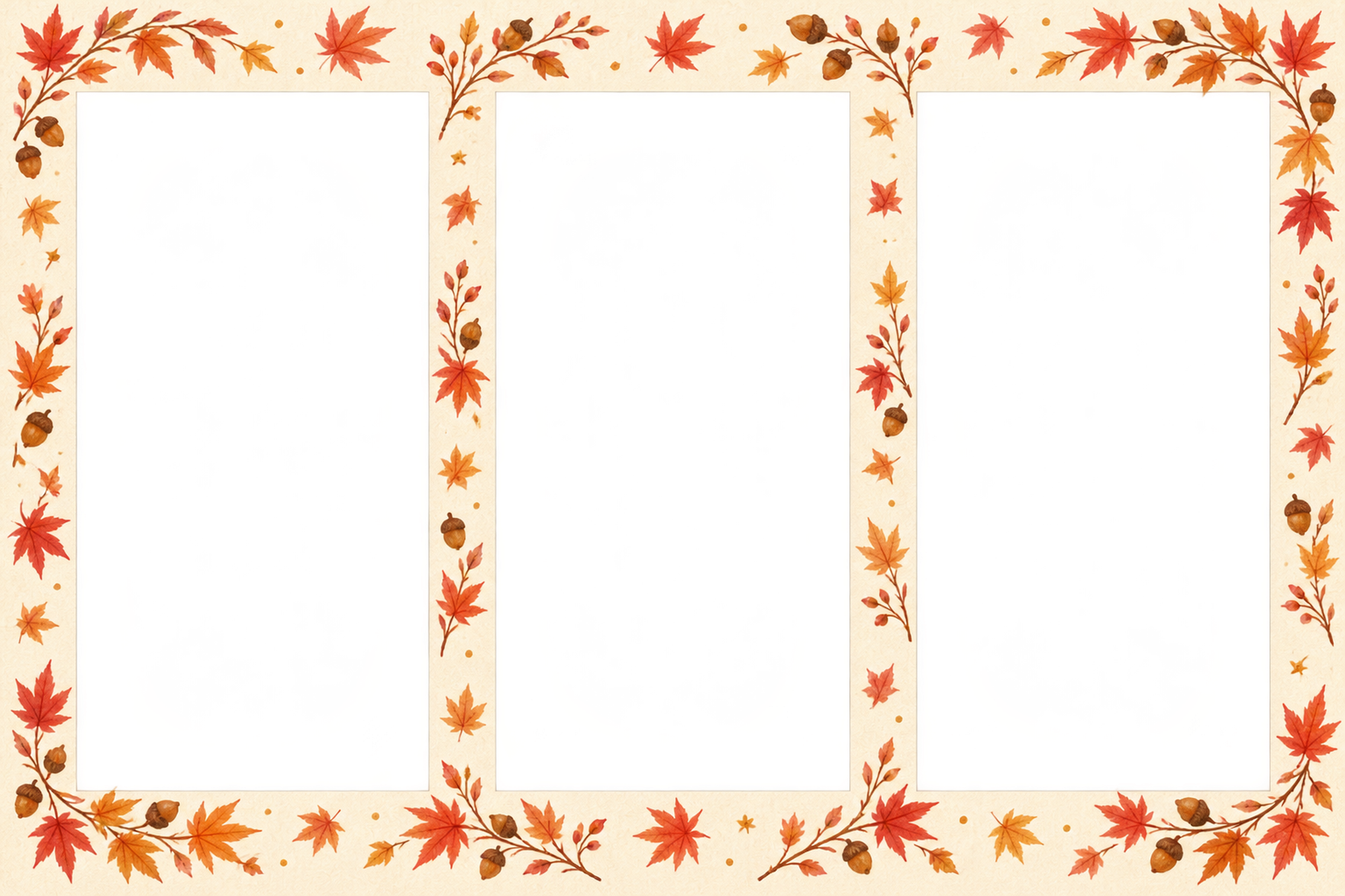 紅葉の写真フレーム｜もみじと秋の木の実・横並びの写真3枚の無料イラスト素材 101794に写真・文字を入れる