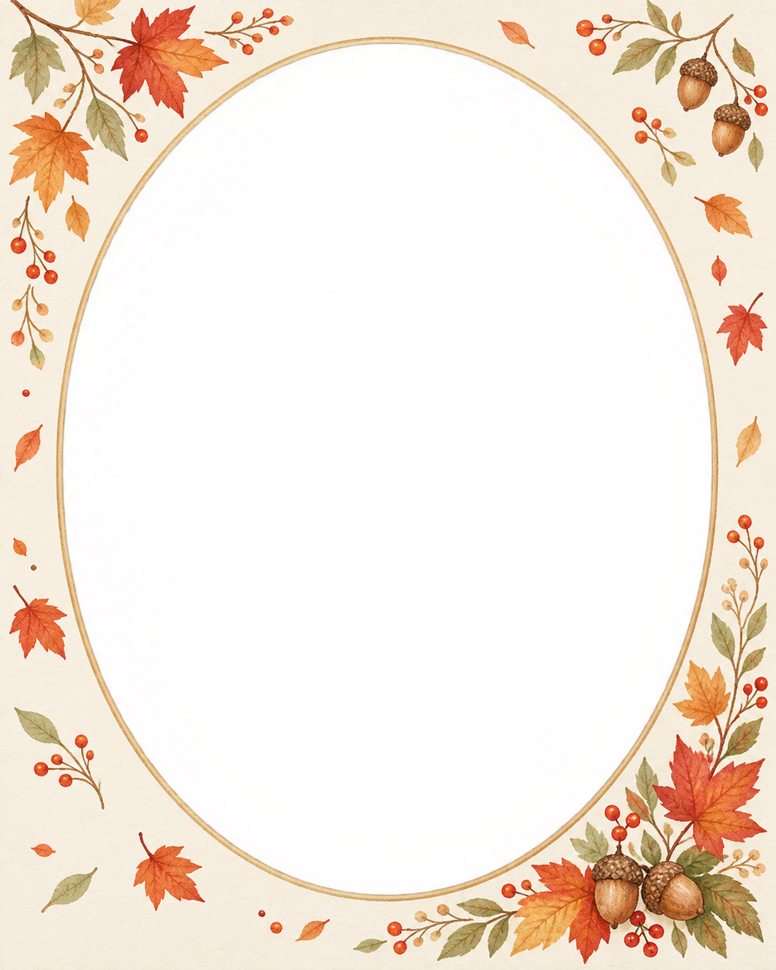 紅葉の写真フレーム｜もみじと秋の木の実・縦長楕円の無料イラスト素材 101795に写真・文字を入れる