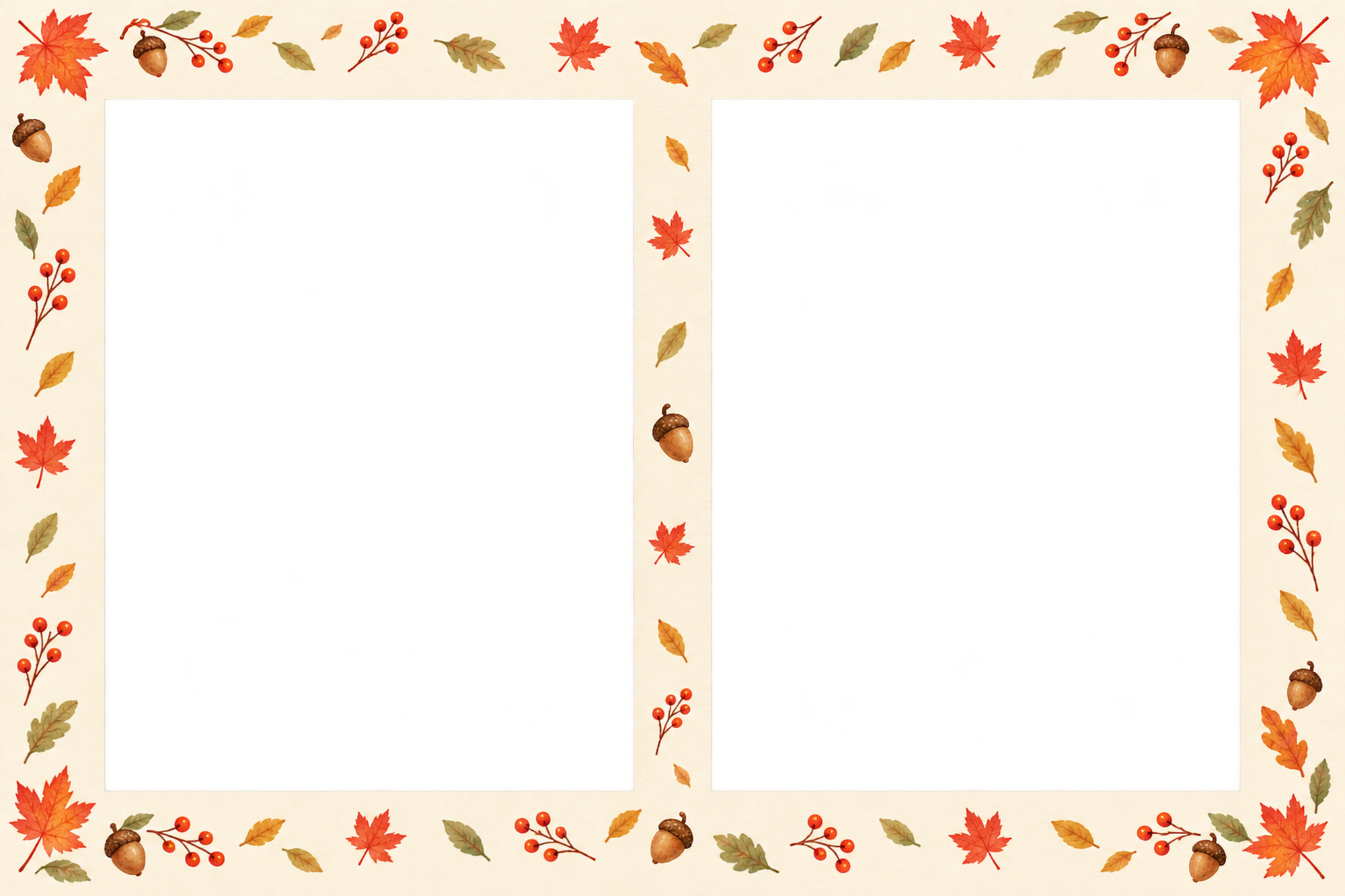 紅葉の写真フレーム｜もみじと秋の木の実・横長の写真2枚の無料イラスト素材 101797に写真・文字を入れる