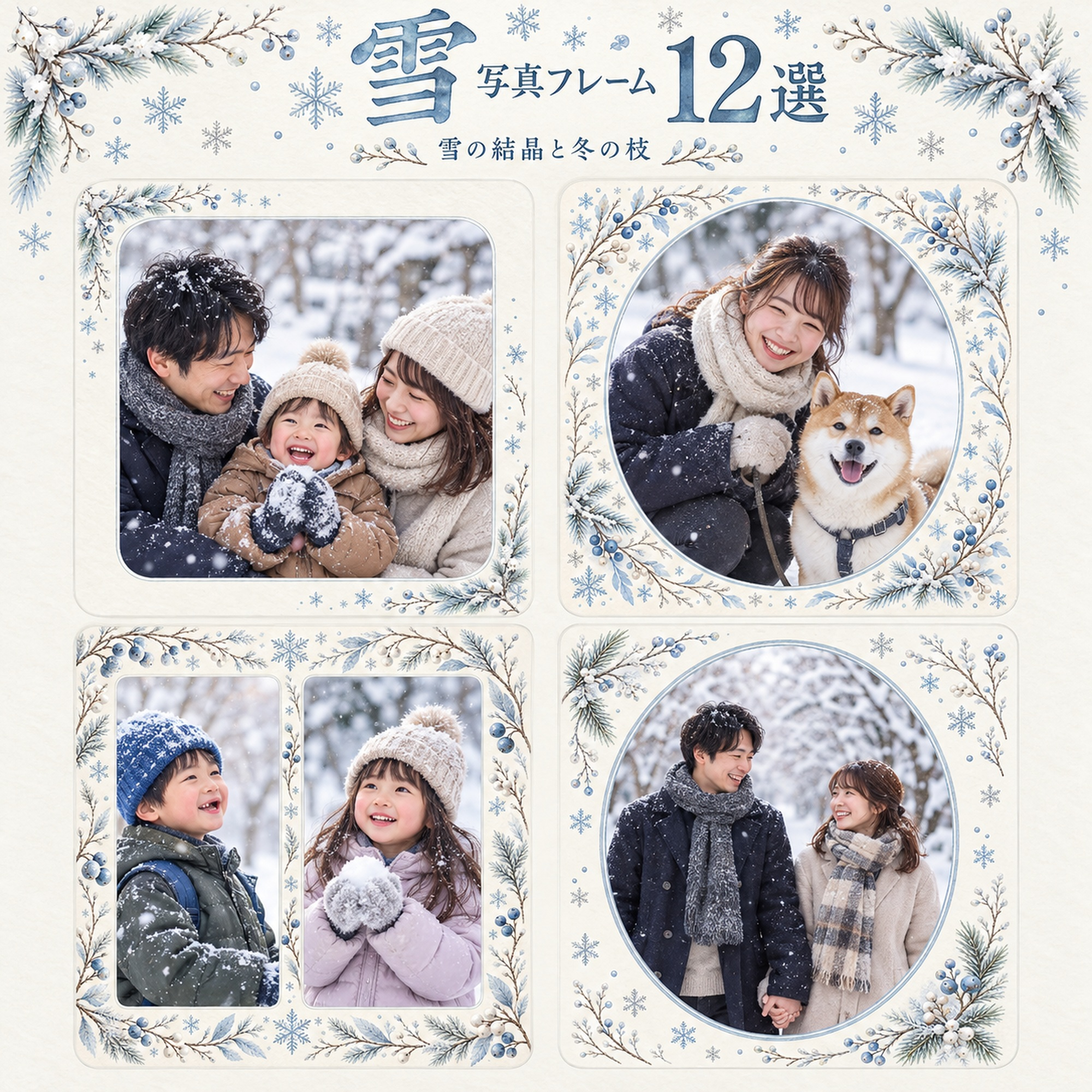 雪の写真フレーム12選｜雪の結晶と冬の枝の無料イラスト素材 101799に写真・文字を入れる