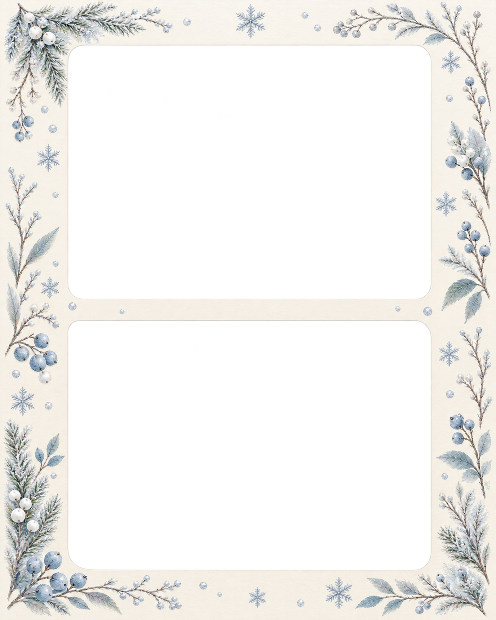 雪の写真フレーム｜雪の結晶と冬の枝・上下に写真2枚の無料イラスト素材 101805に写真・文字を入れる