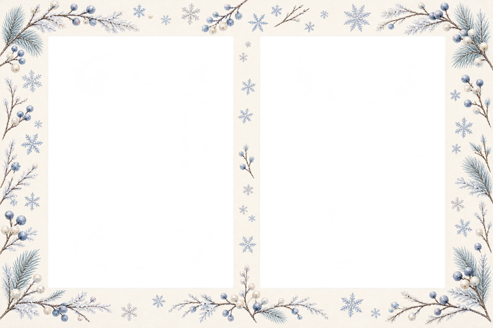 雪の写真フレーム｜雪の結晶と冬の枝・横長の写真2枚の無料イラスト素材 101810に写真・文字を入れる