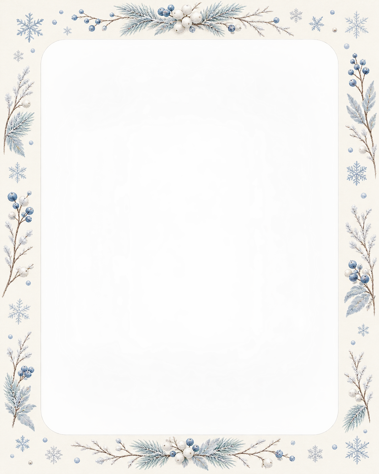 雪の写真フレーム｜雪の結晶と冬の枝・縦長の写真窓の無料イラスト素材 101811に写真・文字を入れる