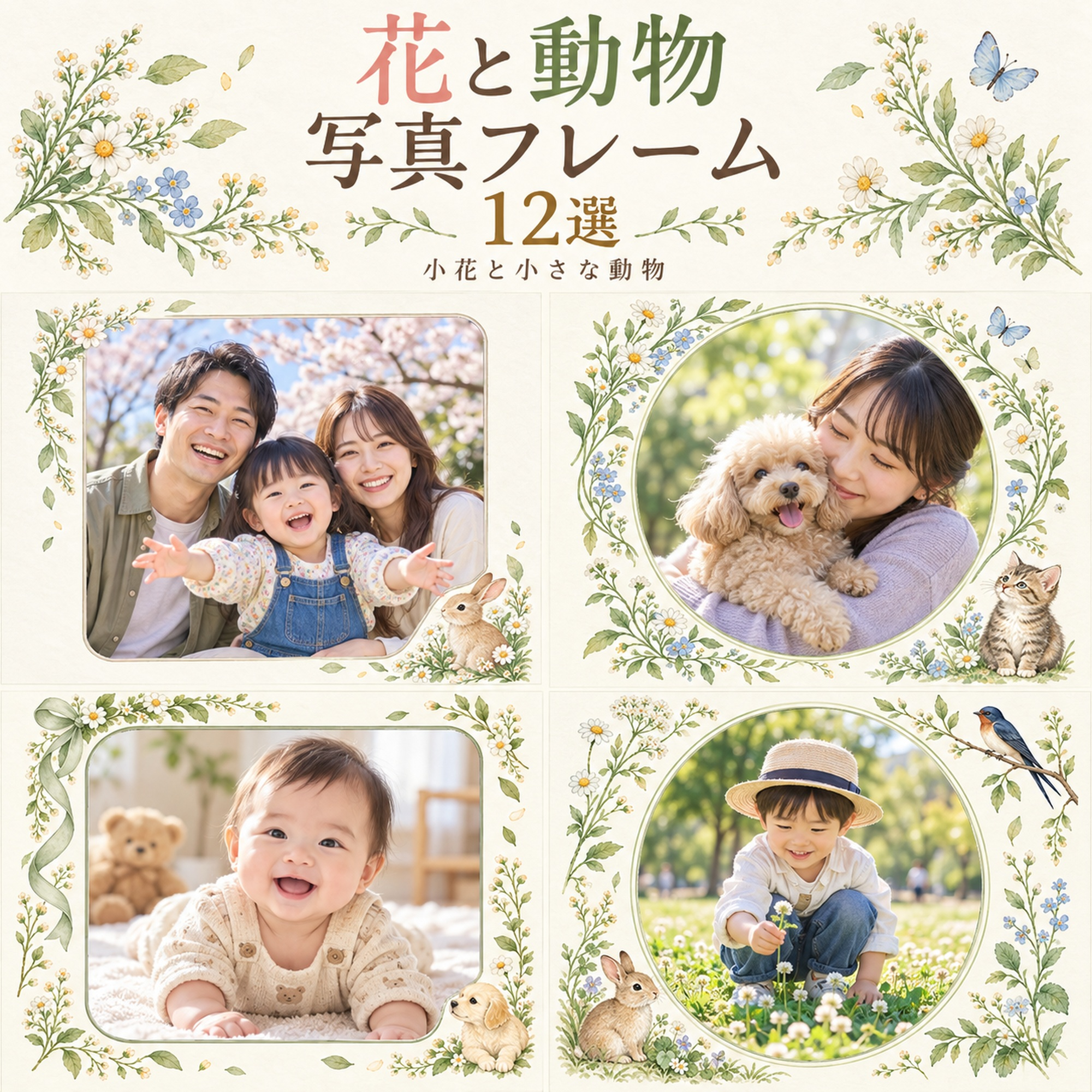 花と動物の写真フレーム12選｜小花と小さな動物の無料イラスト素材 101812に写真・文字を入れる