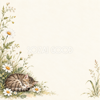 猫と小さな野の花｜文字なしの無料背景イラスト素材 101880
