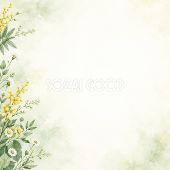 ミモザと春の小花・片側の彩り｜文字なしの無料背景イラスト素材 102036