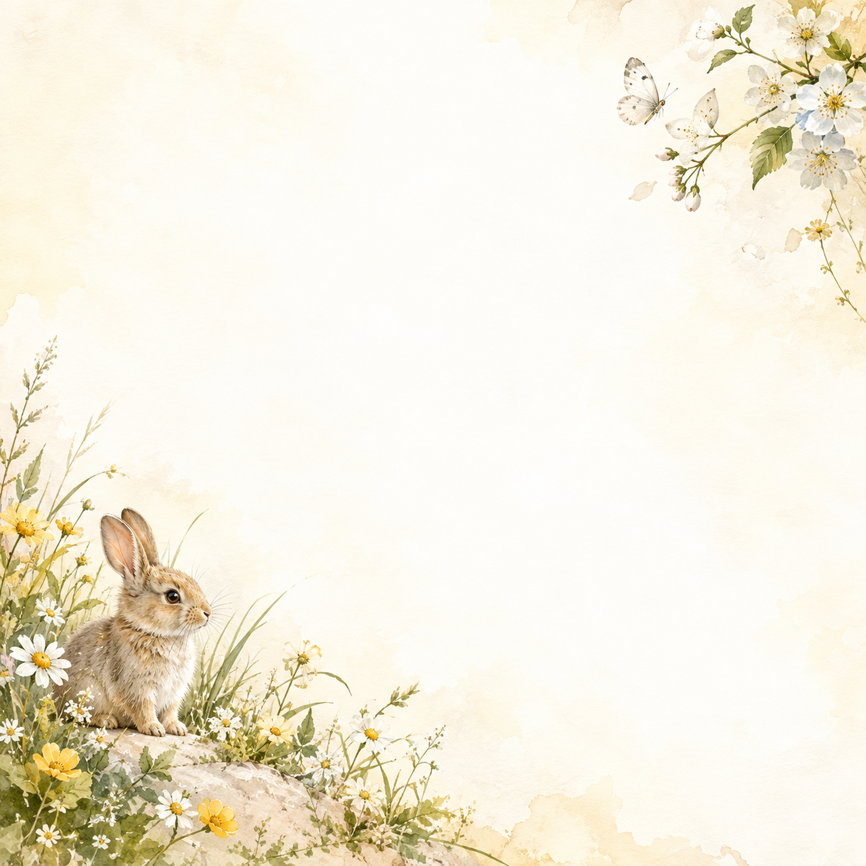 うさぎと草花の絵本・斜めの彩り｜文字なしの無料背景イラスト素材 102219に写真・文字を入れる