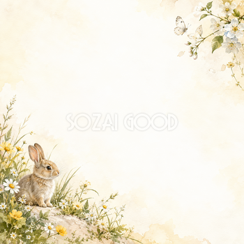 うさぎと草花の絵本・斜めの彩り｜文字なしの無料背景イラスト素材 102219