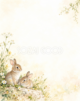 うさぎと草花の絵本・やさしい彩り｜文字なしの無料背景イラスト素材 102223