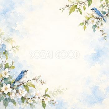 小鳥と青葉の絵本・斜めの彩り｜文字なしの無料背景イラスト素材 102232