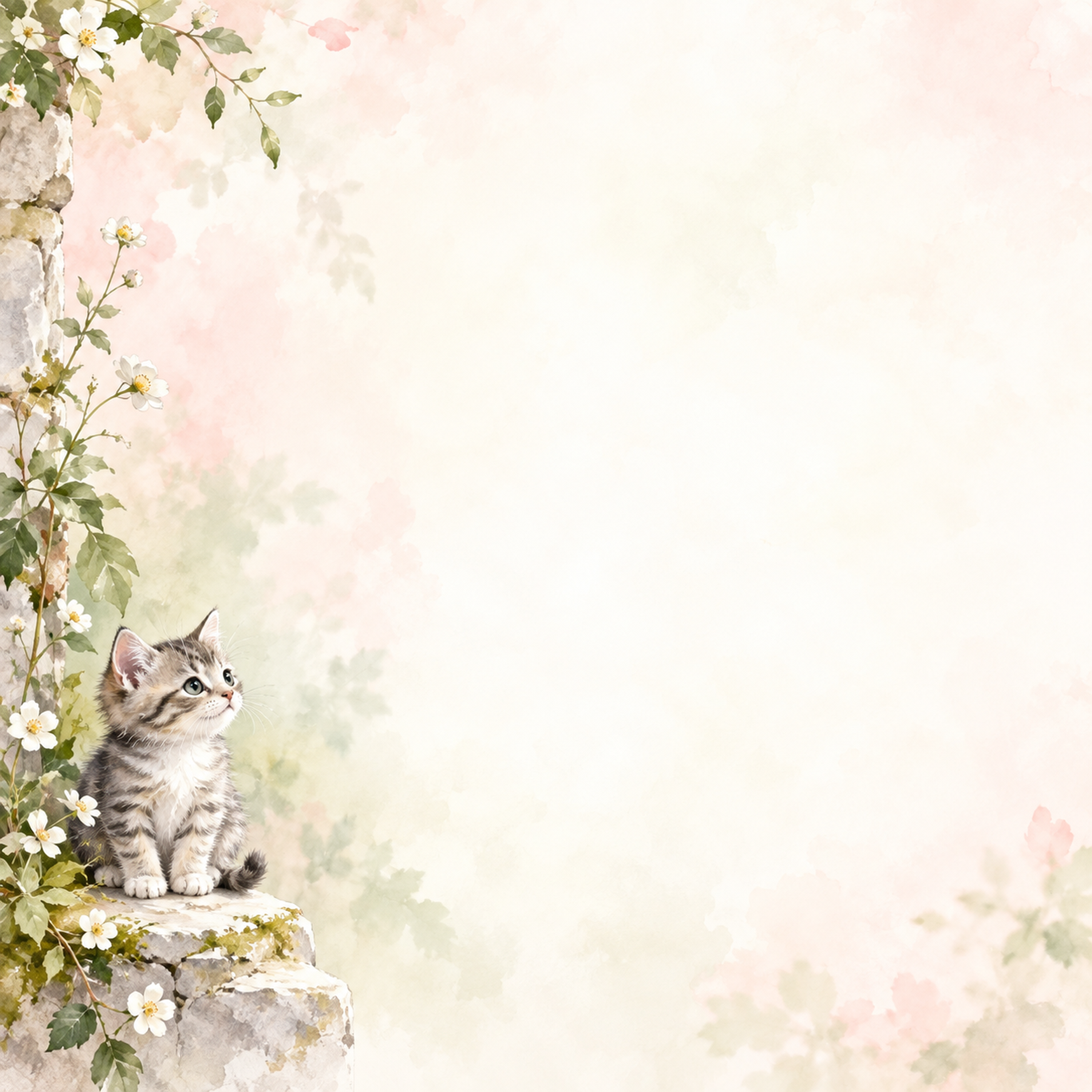 猫と小花の絵本・片側の彩り｜文字なしの無料背景イラスト素材 102244に写真・文字を入れる