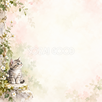 猫と小花の絵本・片側の彩り｜文字なしの無料背景イラスト素材 102244
