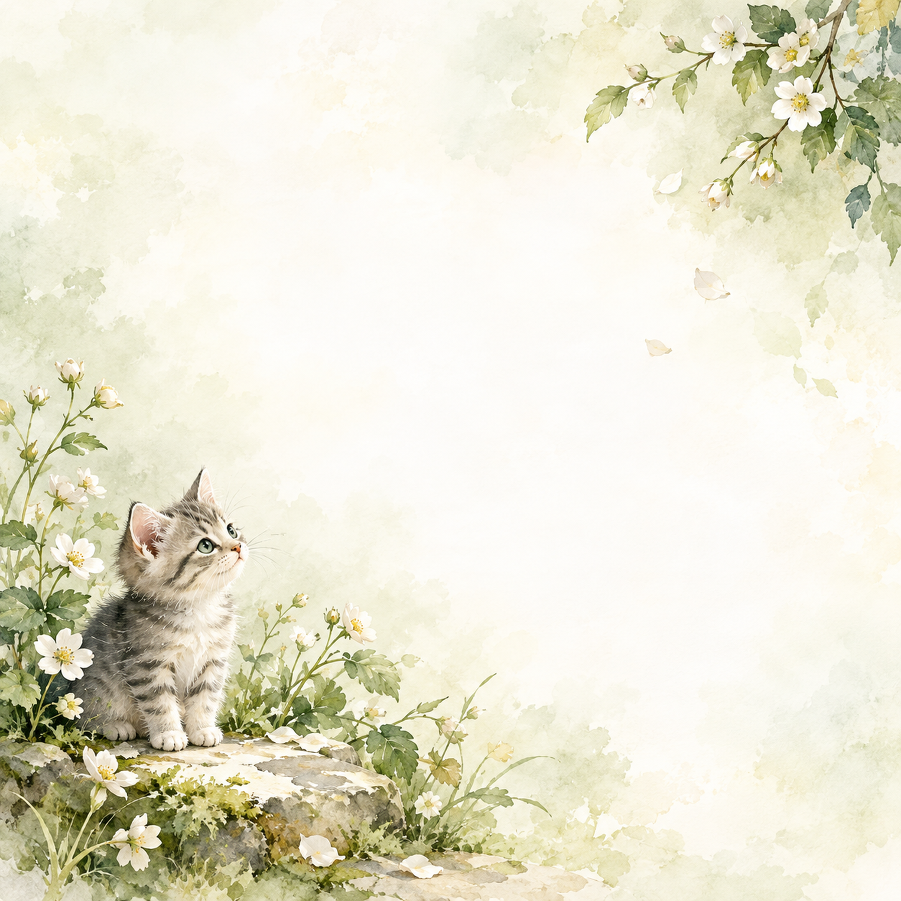 猫と小花の絵本・斜めの彩り｜文字なしの無料背景イラスト素材 102245に写真・文字を入れる