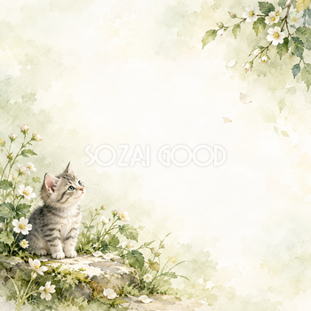 猫と小花の絵本・斜めの彩り｜文字なしの無料背景イラスト素材 102245