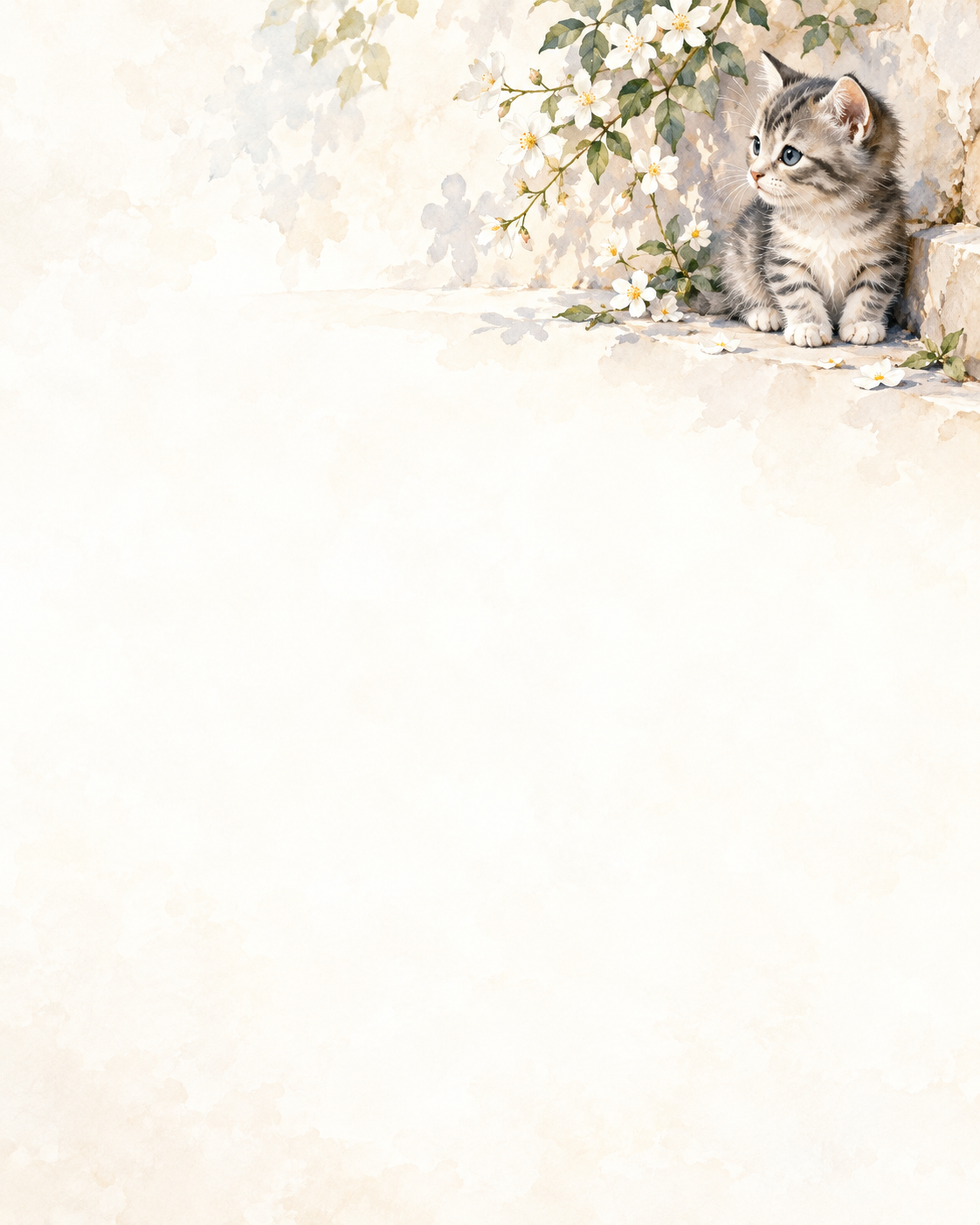 猫と小花の絵本・上辺の彩り｜文字なしの無料背景イラスト素材 102246に写真・文字を入れる