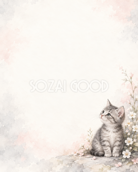 猫と小花の絵本・足元の彩り｜文字なしの無料背景イラスト素材 102247
