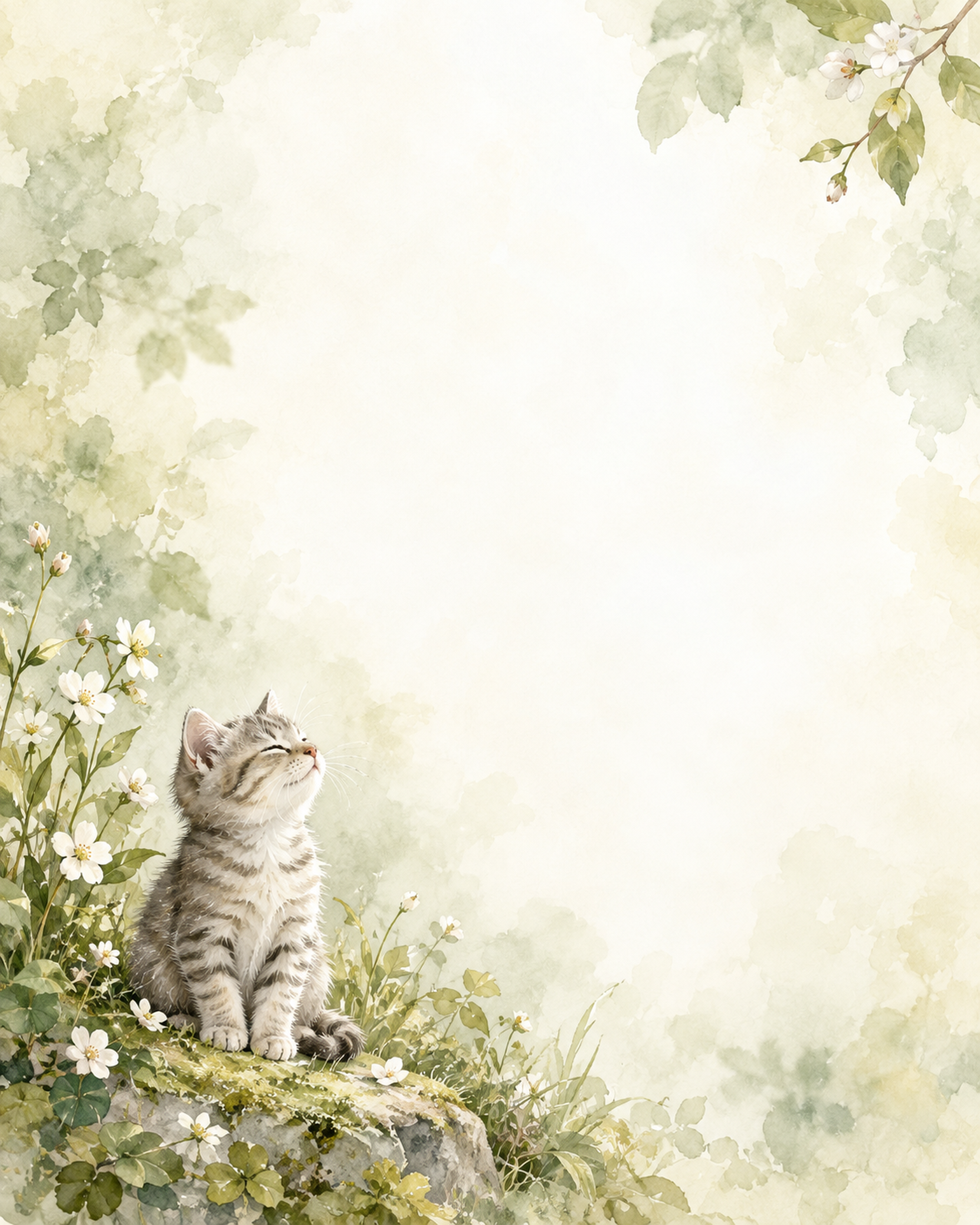 猫と小花の絵本・やさしい彩り｜文字なしの無料背景イラスト素材 102249に写真・文字を入れる
