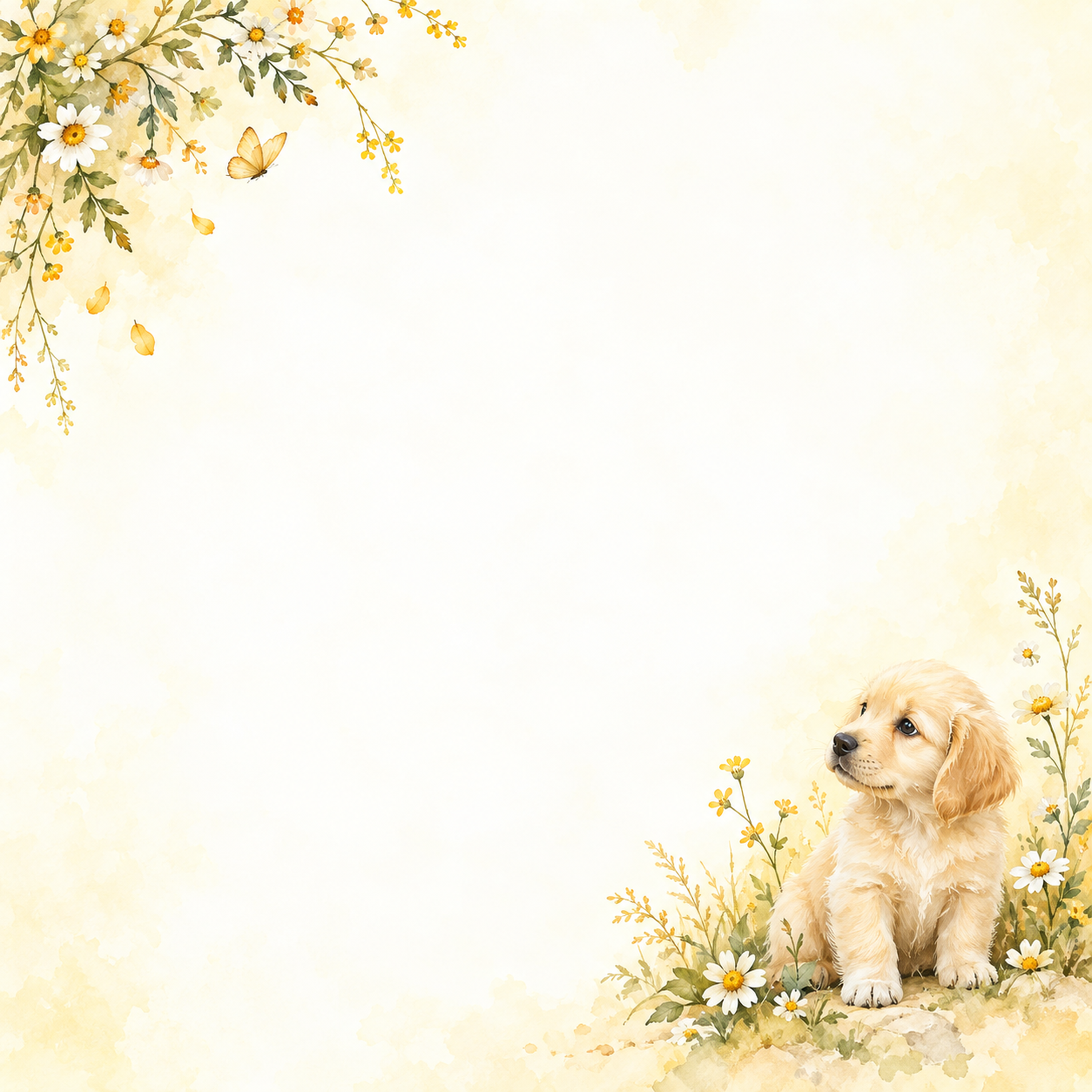 犬と草花の絵本・対角の彩り｜文字なしの無料背景イラスト素材 102255に写真・文字を入れる