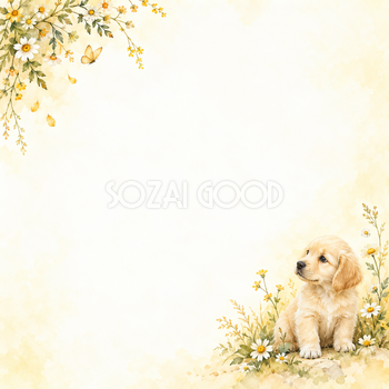 犬と草花の絵本・対角の彩り｜文字なしの無料背景イラスト素材 102255