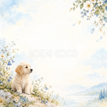 犬と草花の絵本・斜めの彩り｜文字なしの無料背景イラスト素材 102258