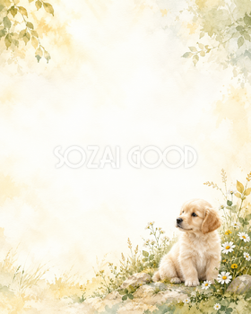 犬と草花の絵本・足元の彩り｜文字なしの無料背景イラスト素材 102260