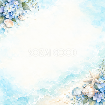 海と草花の夏・対角の彩り｜文字なしの無料背景イラスト素材 102294