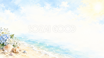 海と草花の夏・左下の彩り｜文字なしの無料背景イラスト素材 102303
