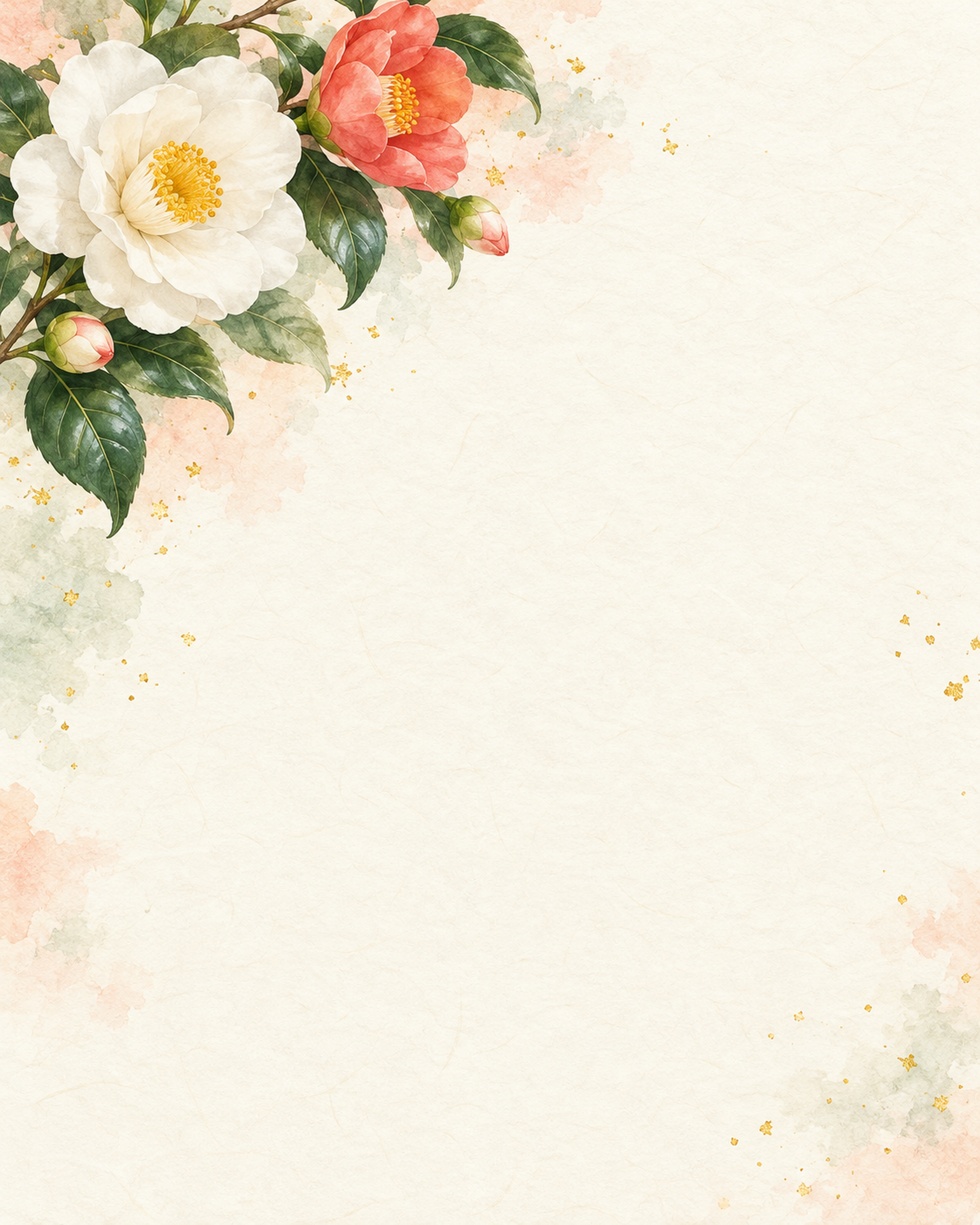 椿の花・縦長の上飾りの和風背景｜無料イラスト素材 102498に写真・文字を入れる