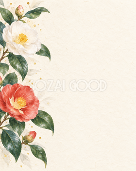 椿の花・縦長の片側の和風背景｜無料イラスト素材 102501