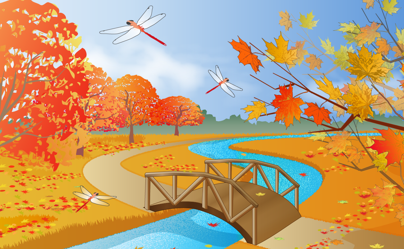 紅葉と秋の空風景が広がる公園 無料背景イラスト10261に写真・文字を入れる