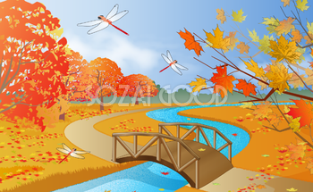紅葉と秋の空風景が広がる公園 無料背景イラスト10261