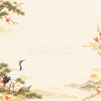 鶴と亀・小さな左下飾りのお正月背景｜無料イラスト素材 102638