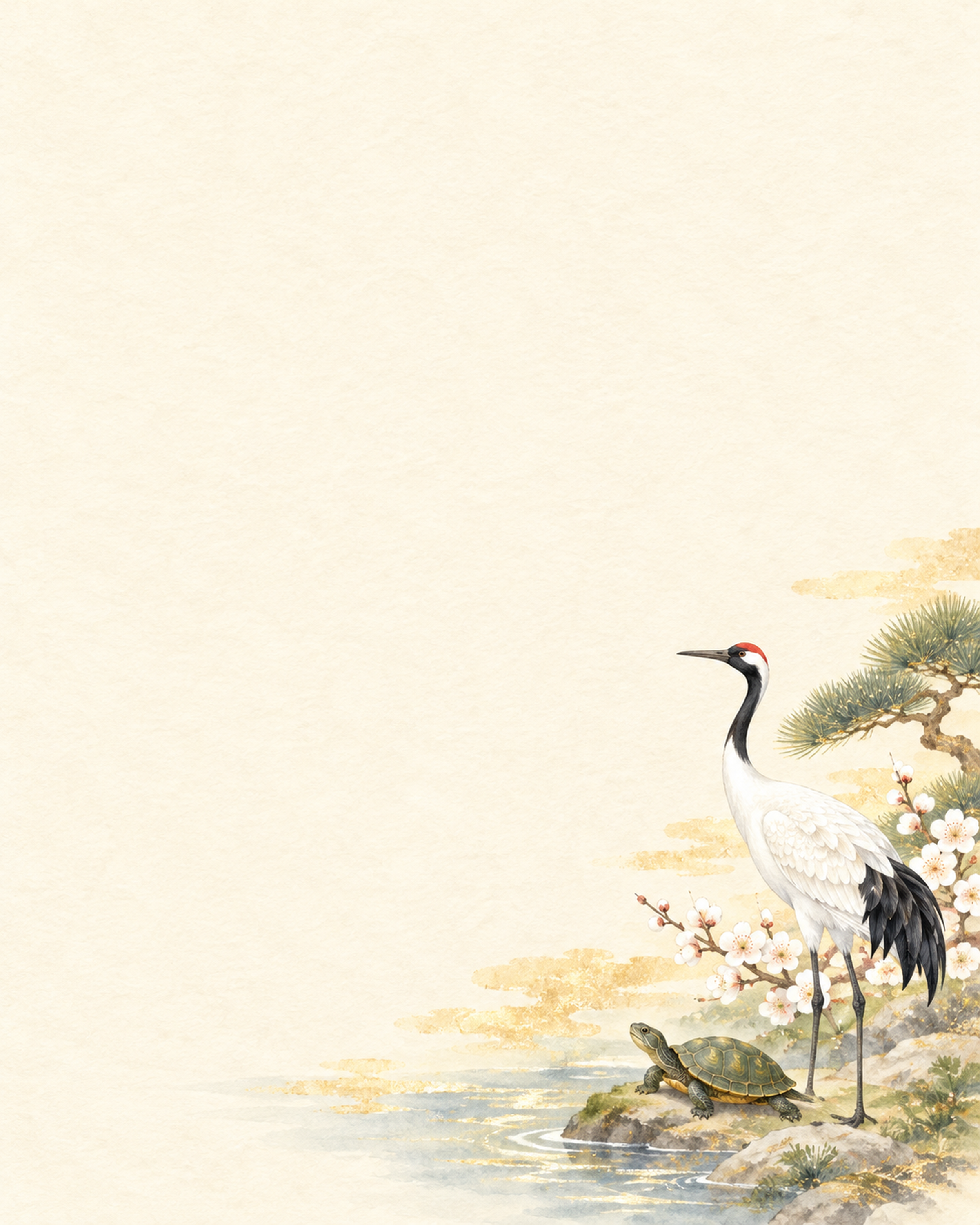 鶴と亀・縦長の右下飾りのお正月背景｜無料イラスト素材 102641に写真・文字を入れる