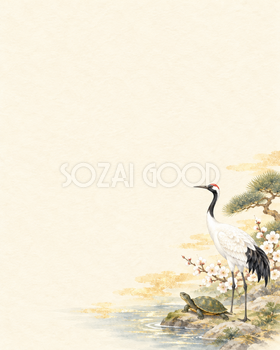 鶴と亀・縦長の右下飾りのお正月背景｜無料イラスト素材 102641