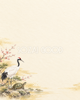 鶴と亀・縦長の左下飾りのお正月背景｜無料イラスト素材 102642