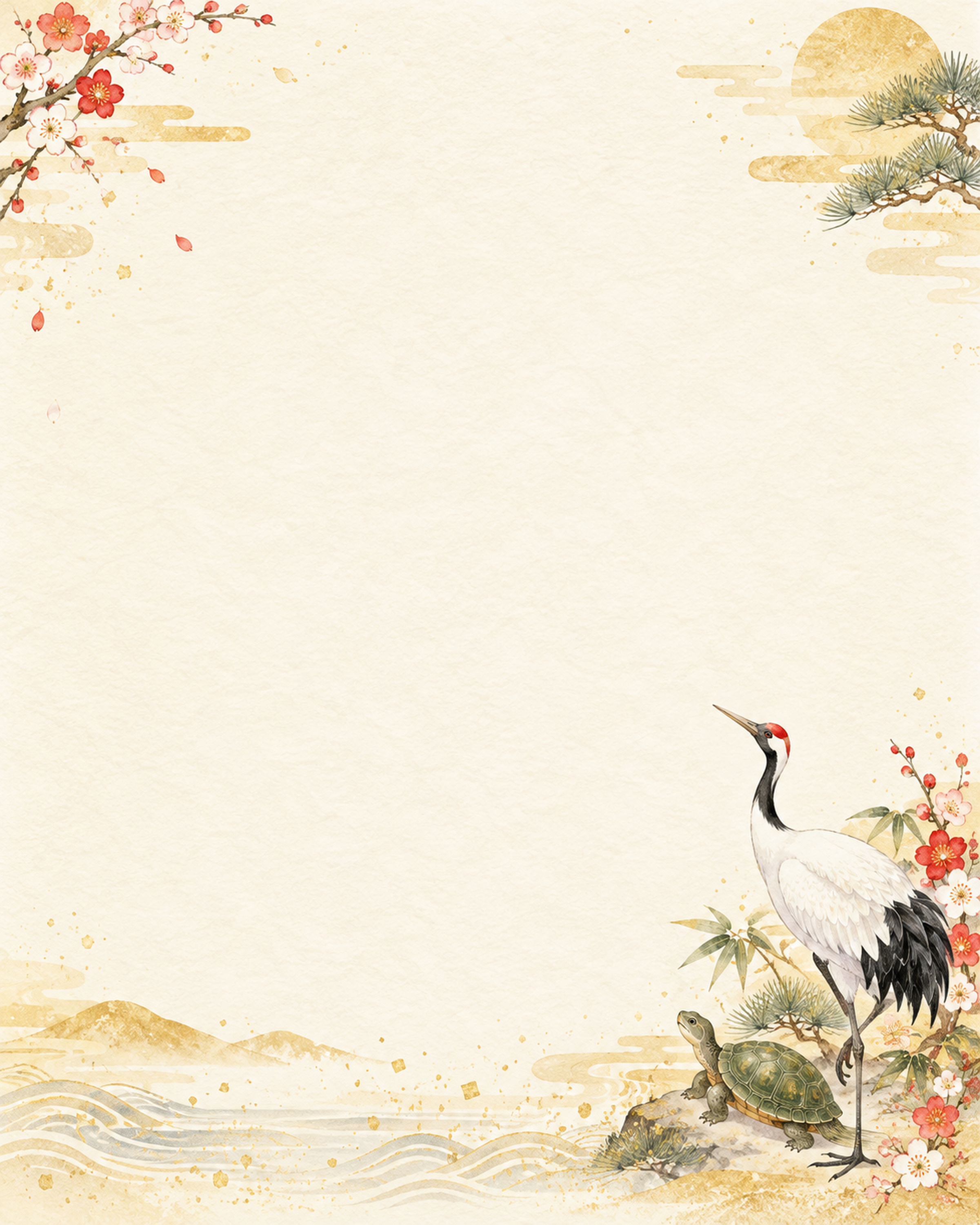 鶴と亀・縦長の小さな右下飾りのお正月背景｜無料イラスト素材 102643に写真・文字を入れる