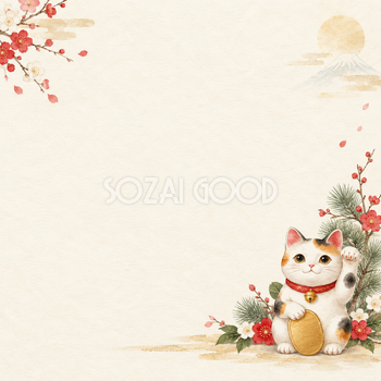 招き猫・右下のまとまりのお正月背景｜無料イラスト素材 102663