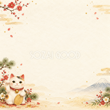 招き猫・小さな左下飾りのお正月背景｜無料イラスト素材 102664
