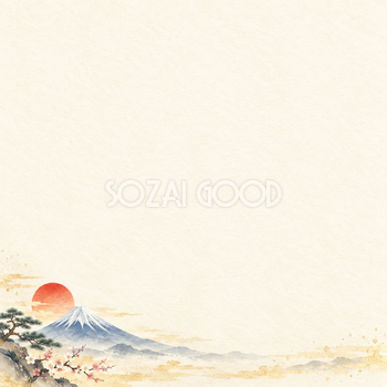 富士山と初日の出・小さな左下飾りのお正月背景｜無料イラスト素材 102742