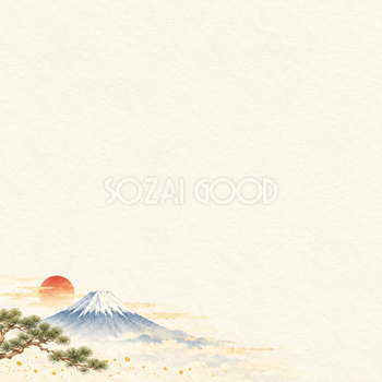 富士山と初日の出・左下の小さな飾りのお正月背景｜無料イラスト素材 102743