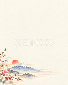 富士山と初日の出・縦長の左下飾りのお正月背景｜無料イラスト素材 102746