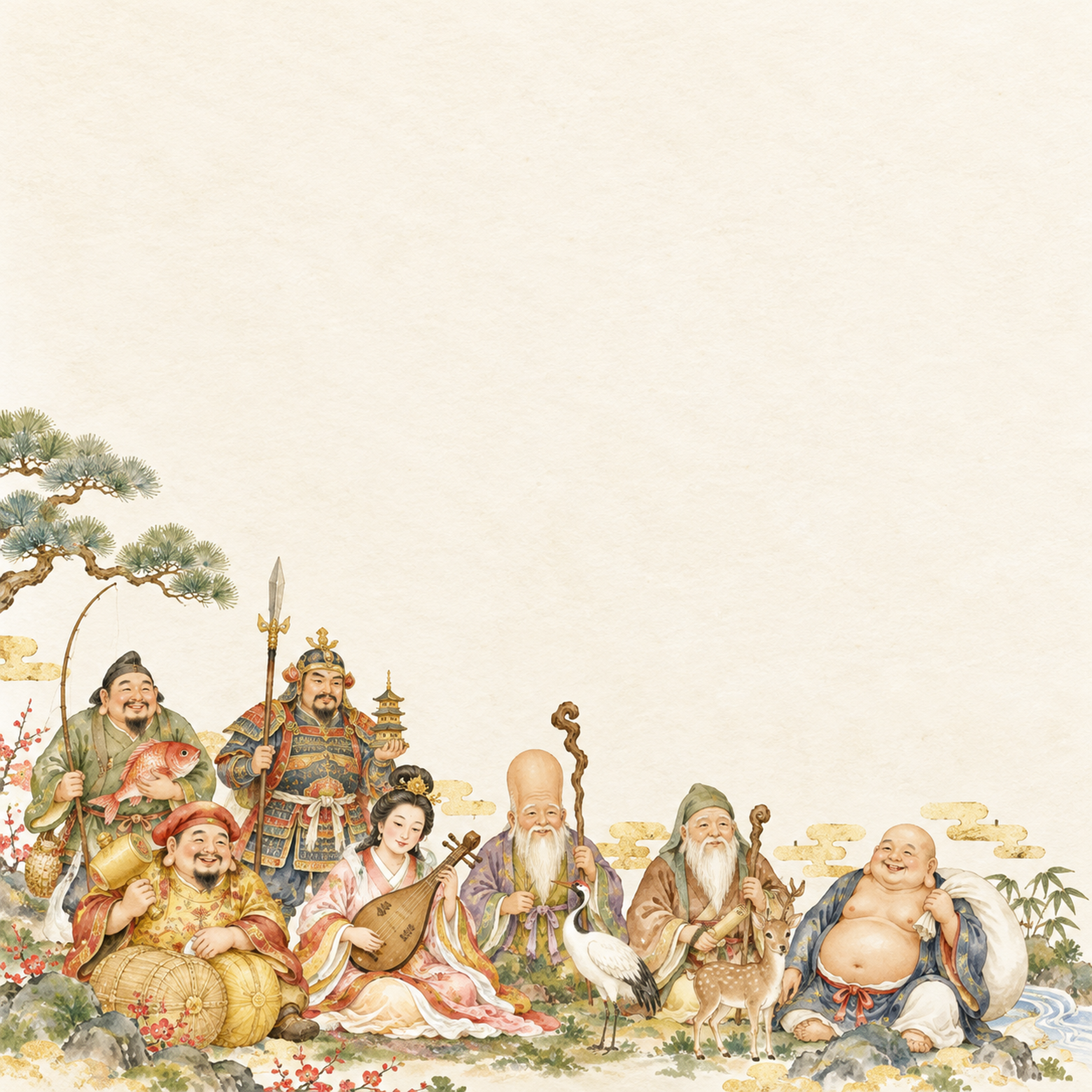 七福神・右下の飾りの縁起物背景｜無料イラスト素材 102857に写真・文字を入れる