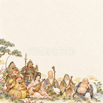 七福神・右下の飾りの縁起物背景｜無料イラスト素材 102857